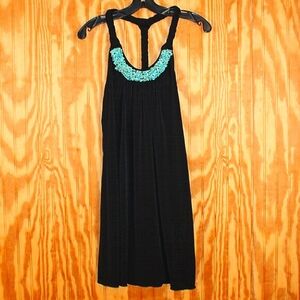 A. Byer Black Dress with Turquoise Beaded Collar - Size M